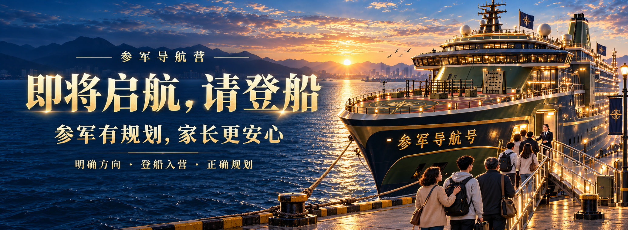 参军导航号停靠码头，家长和孩子正在登船。即将启航，请登船。参军有规划，家长更安心。